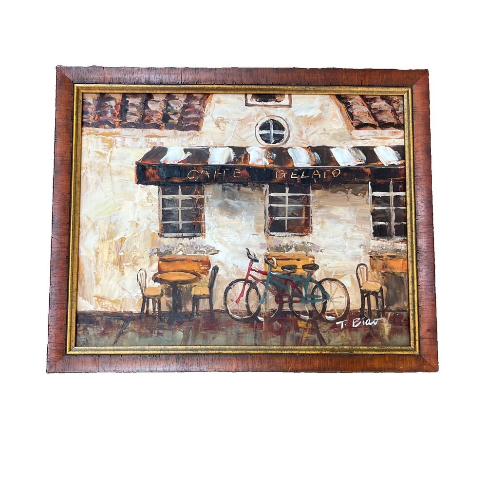 Vtg Impasto Framed Oil Painting Art Italy Italian Cafe Scene Signed T. Biao